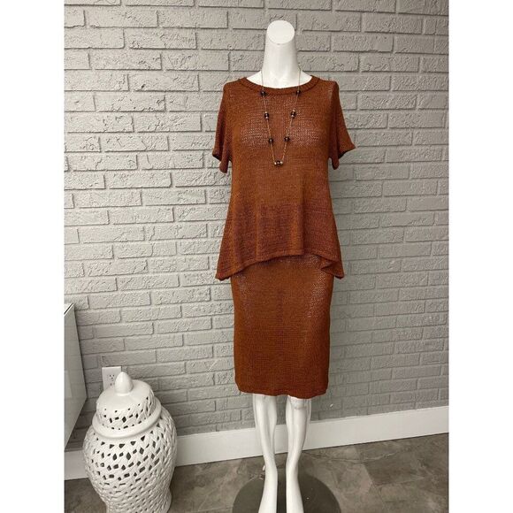 Bluivy Women Brown Asymmetric Hem Knit Drawstring Waist 2 Pcs Skirt Set Size S N - Picture 1 of 11